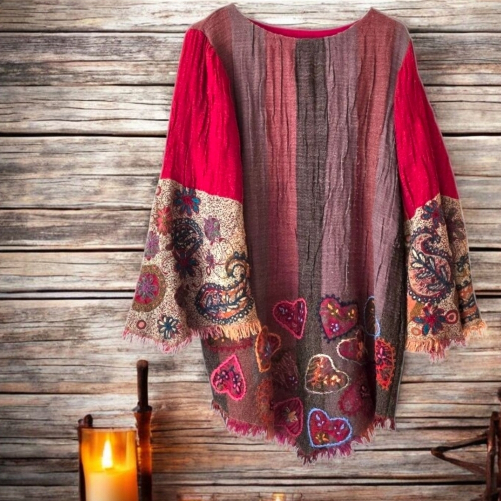 Kashmir Hut Red Gray Tunic Embroidered Bell Sleeve Bohemian Forest Fairy / XL - Picture 2 of 10